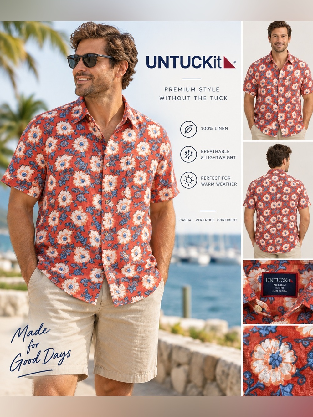 UNTUCKit Redondo Floral Linen Shirt Mens Medium Red Blue Short Sleeve
